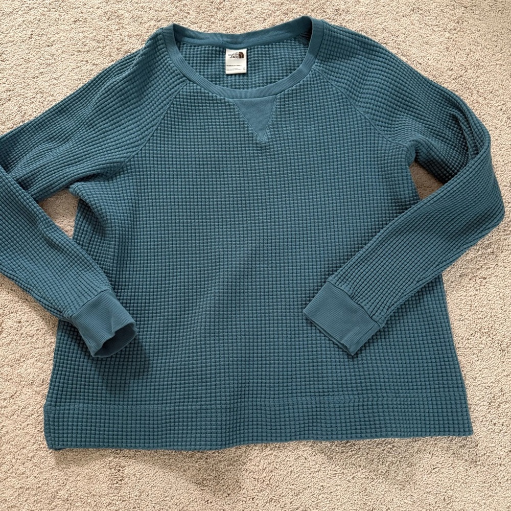 The North Face Chabot Waffle Knit Thermal LS Tee Shirt Top Crew Neck Blue - Picture 6 of 11
